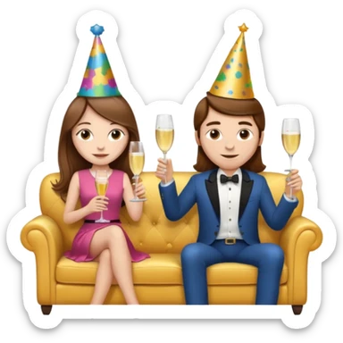 A couple sitting on a sofa in a room enjoying a movie a girl long hir brawon sticker