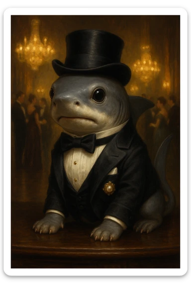 a shark puppy dressed for a high society party sticker