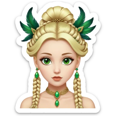 lady with Pale complexion, sharp features, high cheekbones, Blonde hair, green eyes, feathered ornaments, intricate braids with voluminous hairstyle sticker
