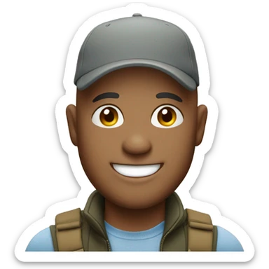 smiling bald man outdoors with hat sticker