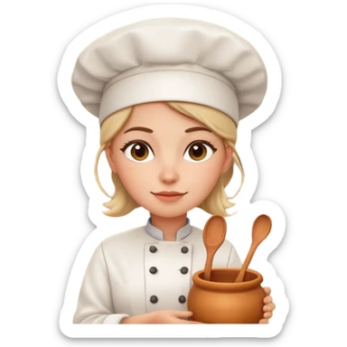 cartoon Apple iOS emoji style woman, pastel colors, Chilean wooden kitchen background, clay pots, warm light, detailed and clean vector art sticker