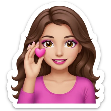 girl with long wavy brown hair, brown eyes, long lashes makeup, sexy pink lips, light to medium complexion, pink sexy top, smiling, hand covering eyes sticker