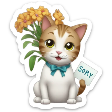 cat holding a sign and flowers asking sorry sticker