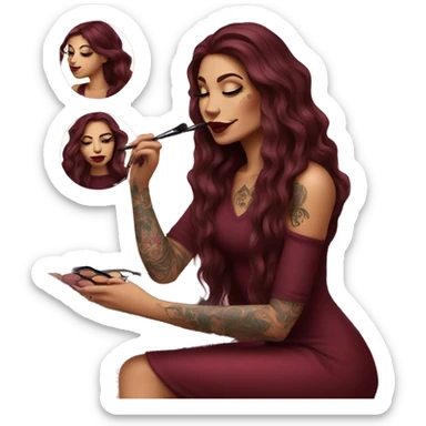 Beautiful tattooed burgundy long haired woman doing her makeup sticker