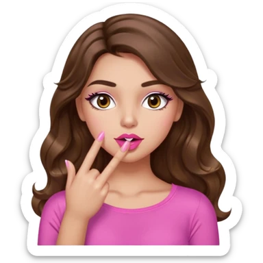girl with long wavy brown hair, brown eyes, light to medium complexion, in a pink sexy top, pink lips, long lashes, shushing sticker