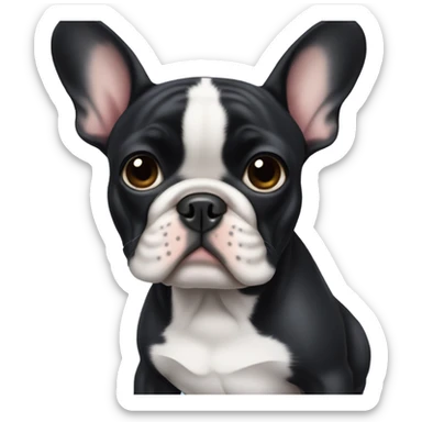 A black French bulldog 7 months old with ears that flop over sticker
