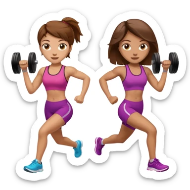 two women. the left one is running. the right one is lifting weights. they have brown hair, light skin, hazel eyes. sticker