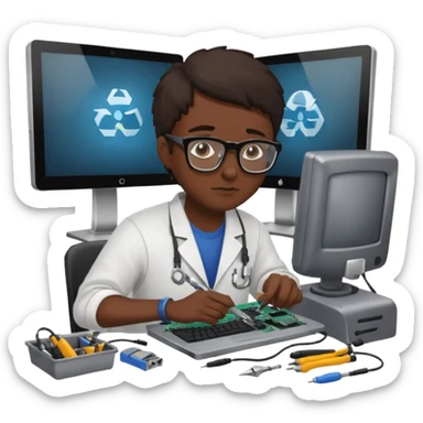 computer technician fixing damage computer sticker