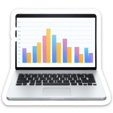 A laptop with a bar chart and an upward trend sticker