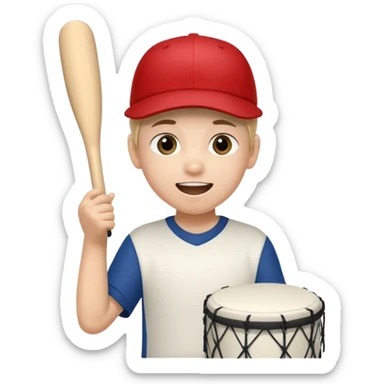 A young boy with a cap, wearing team colors, banging a small drum excitedly. sticker
