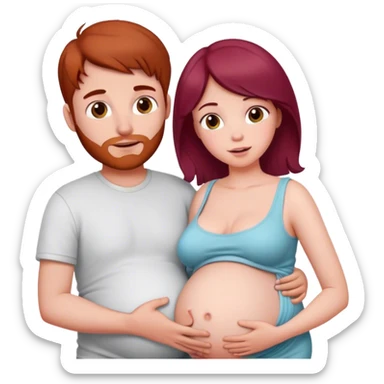 Beautiful burgundy haired pregnant girl with boyfriend holding stomach sticker