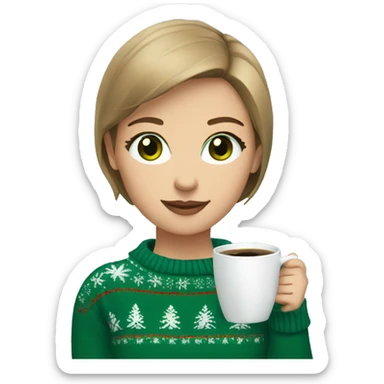 Light brown short haired girl with green eyes drinking coffee wearing blue Christmas sweater sticker