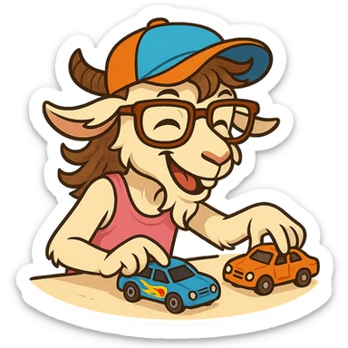 goat for Telegram stickers inspired by reference https://attic.sh/feoducyurkpqwz0la088soao98sx: wearing a cap, glasses, mullet hairstyle, pink drunkard tank top, playing with hot wheels cars sticker