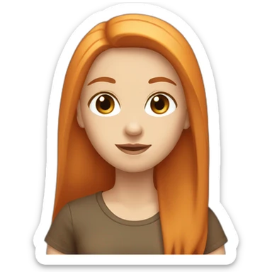 white girl with long orange straight hair with brown eyes in a brown t-shirt sticker