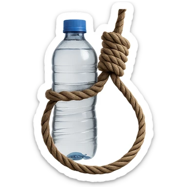 A long rope with a noose, well-visible and realistic water bottle inside the rope, no background, realistic style, symbolic atmosphere, photorealistic and detailed water bottle inside the rope. sticker