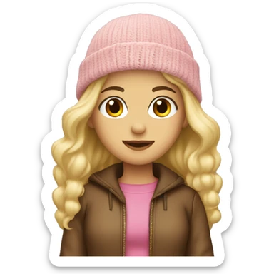 Blond girl brown jacket pink nitted beanie  sticker