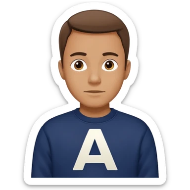 man wearing a navy sweatshirt with a giant white letter A on the upper right of the chest sticker