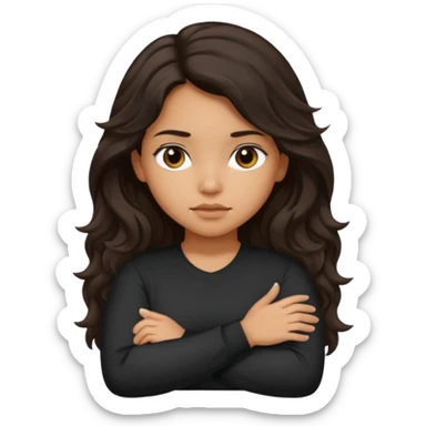 Hispanic girl with dark long wavy hair crossing her arms with slight pout wearing a black long sleeve shirt sticker