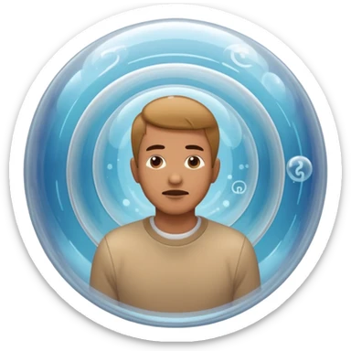 A man in simple casual clothes inside a transparent echo chamber bubble. Sound waves inside the bubble reflect back to him, showing only repeated versions of his own beliefs. Outside voices and symbols are muted or faded. Emoji-style render, soft lighting sticker