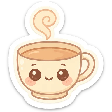 chibi teacup, pastel palette, big eyes, blushing cheeks, cute steam swirl sticker