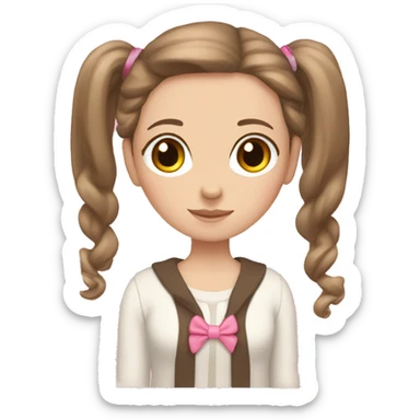 white girl, cardigan white, long straight brown hair, pink ribbon in cardigan  sticker