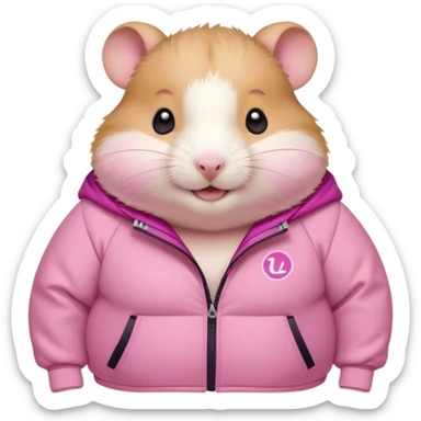 Cute chubby cartoon-style hamster wearing the lululemon pink define jacket, proud and smiling expression. Painterly shading, white background, sticker-style illustration sticker