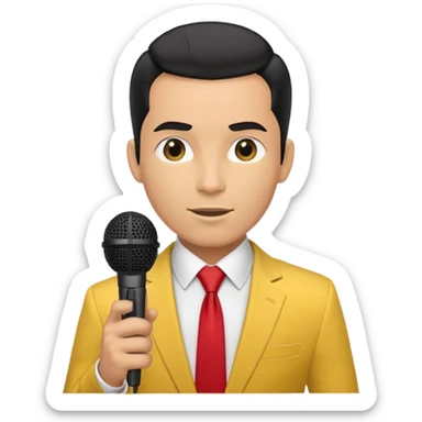 Man with black pulled back hair, wearing a yellow suit and red tie, holding a microphone sticker