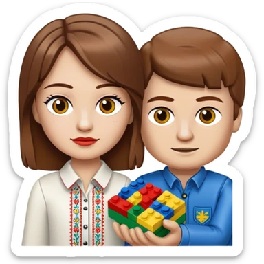 a Ukrainian girl with brown hair in an embroidered shirt and a Ukrainian boy in an embroidered shirt and Lego bricks sticker