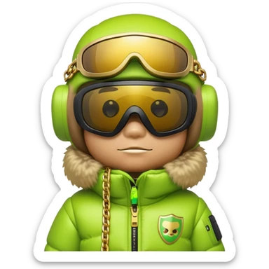 bearbrick wearing lime green balaclava with graffiti logos, futuristic shield visor sunglasses with single panoramic lens like ski goggles covering upper face, puffy fur jacket, gold chains sticker