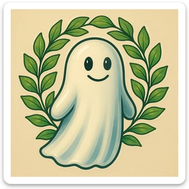 Adjust the leafy wreath so it wraps all the way around the ghost's head, forming a full circle. The leaves should be spaced out and delicate, not too dense, matching the illustration style and colors of the original image. Keep the ghost and background unchanged. Maintain the same style and color palette as the reference. sticker