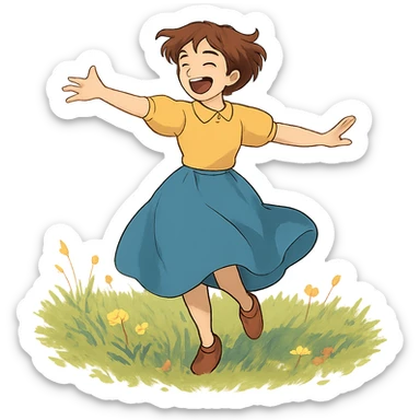 ghibli style character dancing in a field, joyful Friday feeling sticker