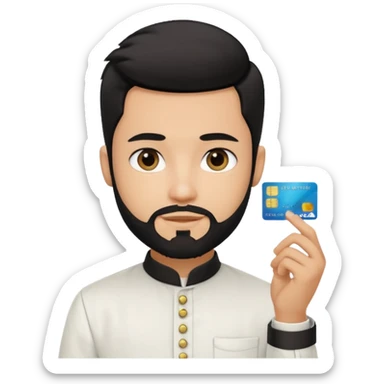 generate a pretty bratz boy wearing a white linen mandarin collar shirt with an amex card in hand. bearded black hair sticker