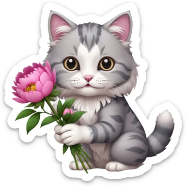 Cute cat Handing pink peonies like reaching a hand and handing them out a bouquet of them not a physical hand the cats hand  make the cat fluffy and grey and white fluffier fluffier  sticker