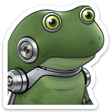 bufo robot with glowing eyes, futuristic frog robot, chrome finish, intense glowing eyes sticker