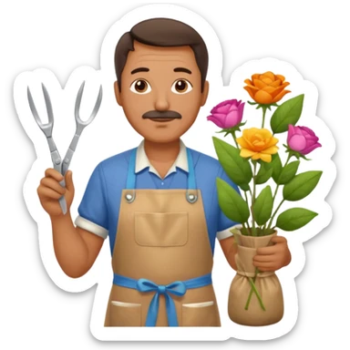 Middle-aged male florist – apron on, trimming stems with scissors sticker