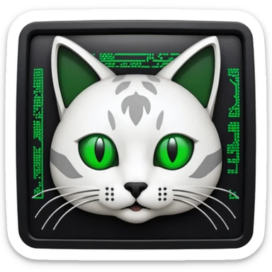 mac os icon code computer retro terminal, black, green white, cat draw as ASCII code inside the terminal sticker