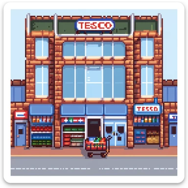 Isometric view of a British supermarket building with red brick facade, Tesco-style signage, shopping trolleys, and small parking area with double-decker bus visible sticker