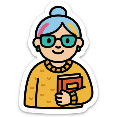 Gen Z style librarian granny with colorful hair streaks, trendy glasses, oversized sweater, holding a book, color outline icon sticker