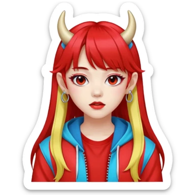 portrait-of-a-red devil-k-pop-idol,-wearing-a-stylish-streetwear-outfit-with-layered-colorful-clothing,-long-hair-with-bangs,-makeup,- sticker