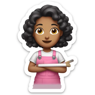 A painter woman with long black curly hair, brown eyes, wearing a pink overall and a paint palette in her hand sticker