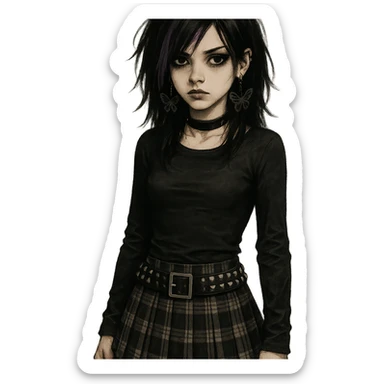 emo girl with plaid skirt, studded belt, butterfly earrings, gothic vibe sticker