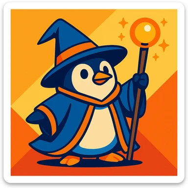 a penguin wizard with a magical staff, wearing a pointed hat, vibrant cartoon style sticker