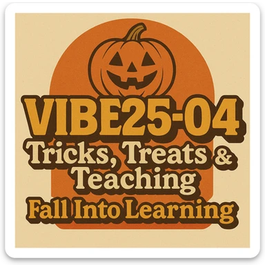 Create a logo that encompasses a retro 80's feel, nostalgic, ALSO RETRO.  Add the words "VIBE25-04: Tricks, Treats & Teaching: Fall Into Learning" sticker