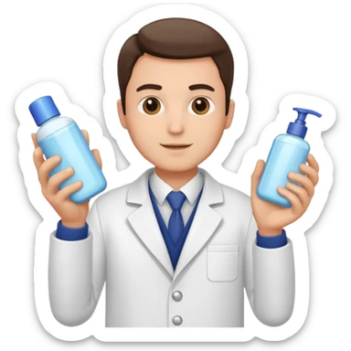 man with white coat holding skincare products sticker