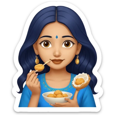 a pretty tan indian bratz girl. eyeliner on, wearing a blue kurti, eating golgappa. NO SPOON. wavy long BLACK coloured hair sticker