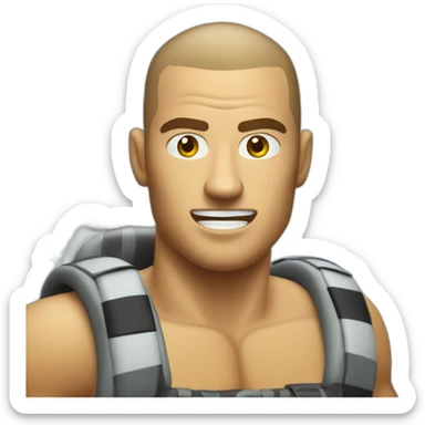 Angry muscular tan guy with buzz cut white water rafting sticker