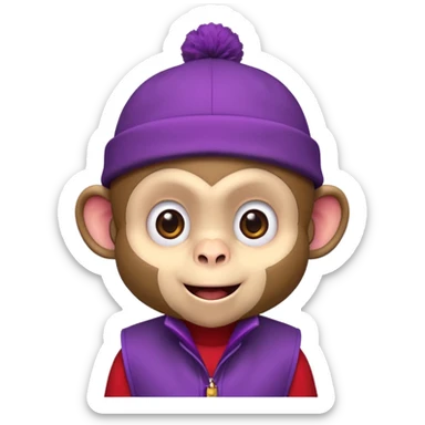Cute monkey inspired by Abu from Aladdin, big expressive eyes, purple vest, red fez hat, mischievous grin. Emoji-style, bold outlines, bright colors, centered face on transparent background, high quality, vector style. sticker