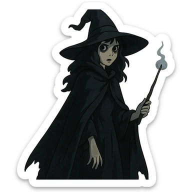 mystical witch with dark colors, cloak, magic wand, slightly spooky, stylized sticker