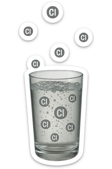un bicchiere di acqua cade verticalmente dall'alto realistico e dettagliato, dentro l'acqua del bicchiere ci sono particelle di cloro ben visibili con la scritta "Cl" sopra, ci sono particelle anche che escono dal bicchiere e fluttuano in aria verticalmente, mentre alcune sono all'interno dell'acqua nel bicchiere, iperrealistico 4k sticker