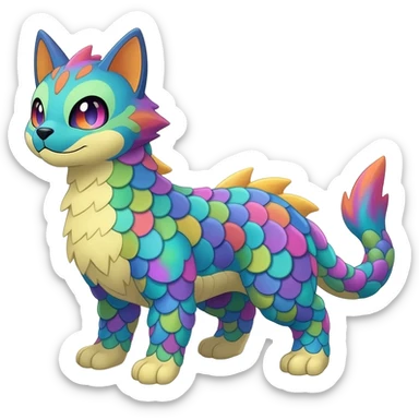 Colorful scaly flurry Latias-Vernid-Lombax-Renamon-Zeraora-Bastet-Fakémon-hybrid-fusion-creature, full body sticker